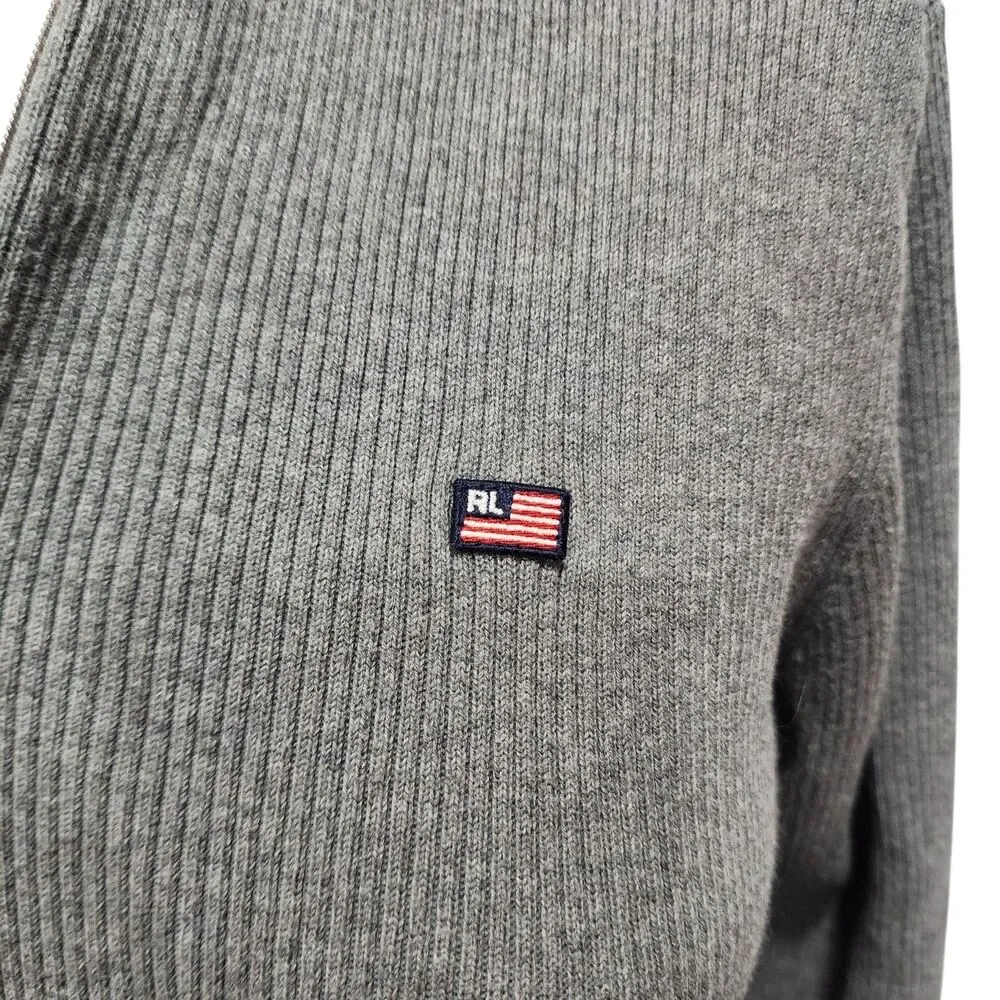 Polo Ralph‎ Lauren Gray Ribbed Quarter Zip Sweater Womens XL Flag Logo